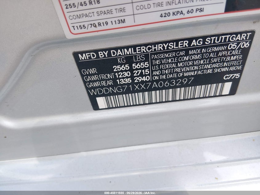 2007 Mercedes-benz S class VIN WDDNG71XX7A063297 IAAI salvage auction — ENGINE DAMAGE, Clear (Minnesota), sold $300 on 2026-07-29 (photo 9)