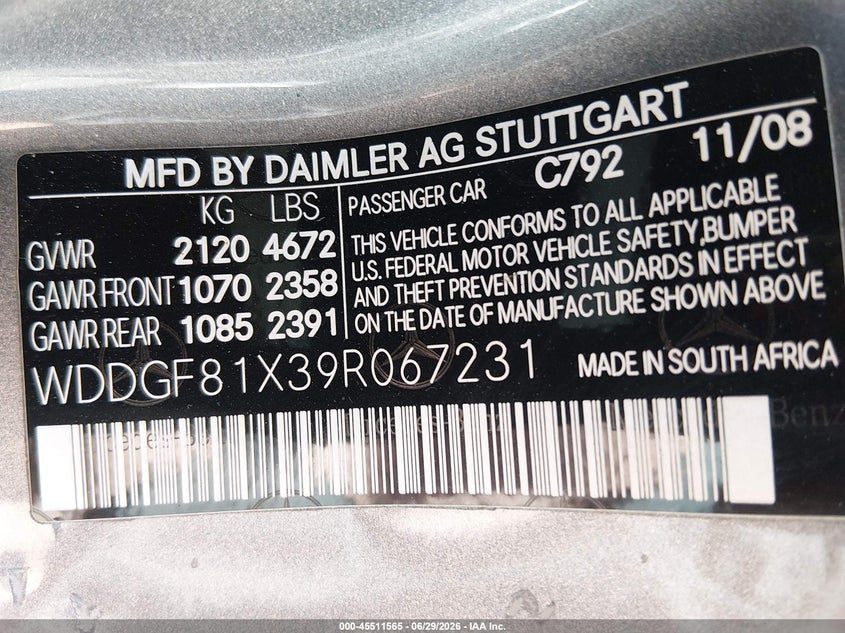 2009 Mercedes-benz C class VIN WDDGF81X39R067231 IAAI salvage auction — NORMAL WEAR, Regular (Nevada), sold $800 on 2026-08-14 (photo 9)