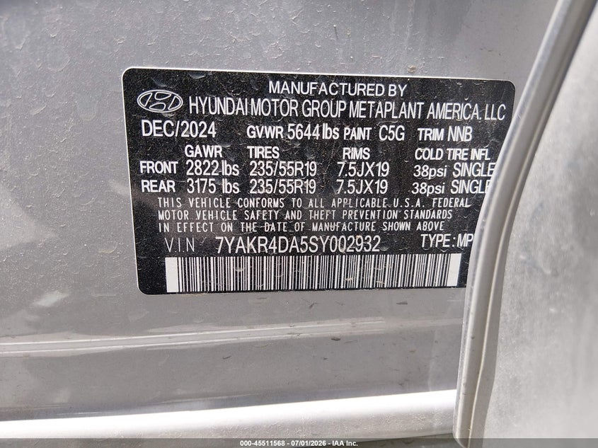2025 Hyundai Ioniq 5 VIN 7YAKR4DA5SY002932 IAAI salvage auction — REAR END, Salvage Title, sold $11,350 on 2026-08-13 (photo 9)