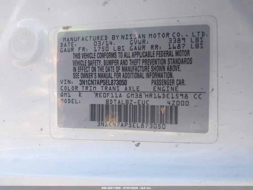 2014 Nissan Versa VIN 3N1CN7AP5EL873050 IAAI salvage auction — LEFT FRONT, Salvage Title, sold $700 on 2026-08-23 (photo 9)