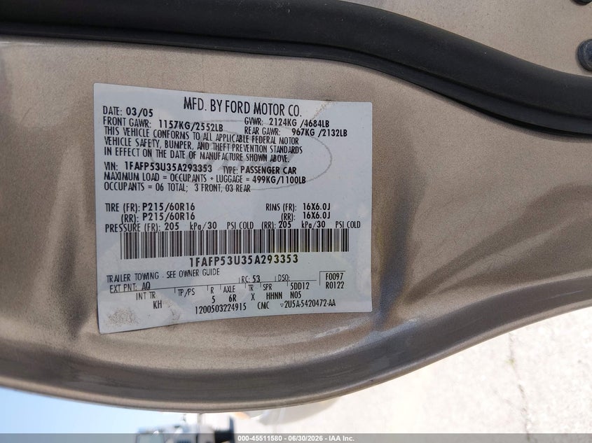 2005 Ford Taurus VIN 1FAFP53U35A293353 IAAI salvage auction — NORMAL WEAR, Clear (Missouri), sold $400 on 2026-07-09 (photo 9)