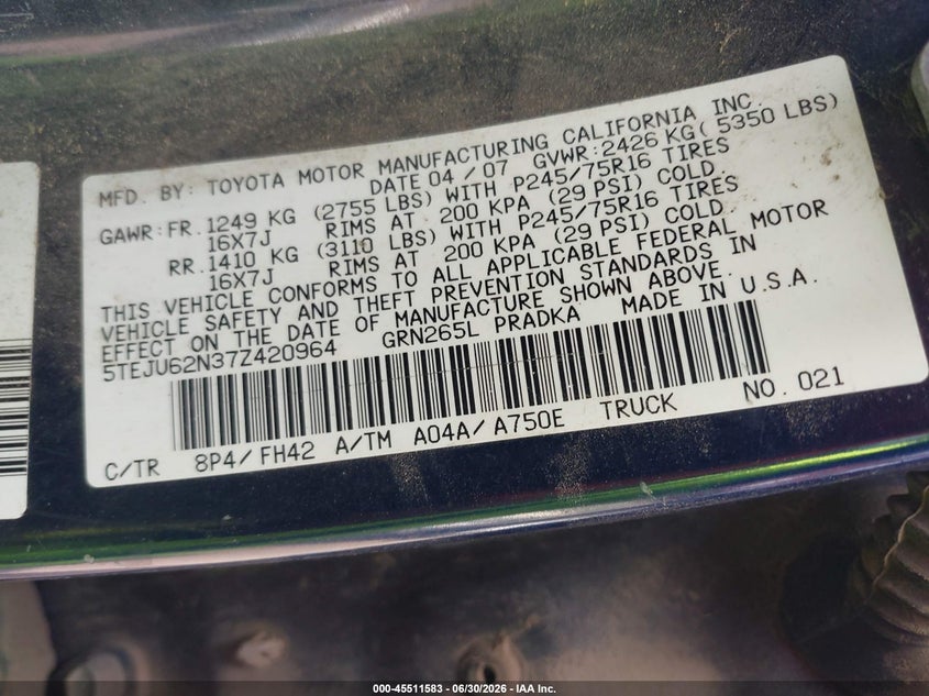 2007 Toyota Tacoma VIN 5TEJU62N37Z420964 IAAI salvage auction — NORMAL WEAR, Original (Texas), sold $1,050 on 2026-07-21 (photo 9)