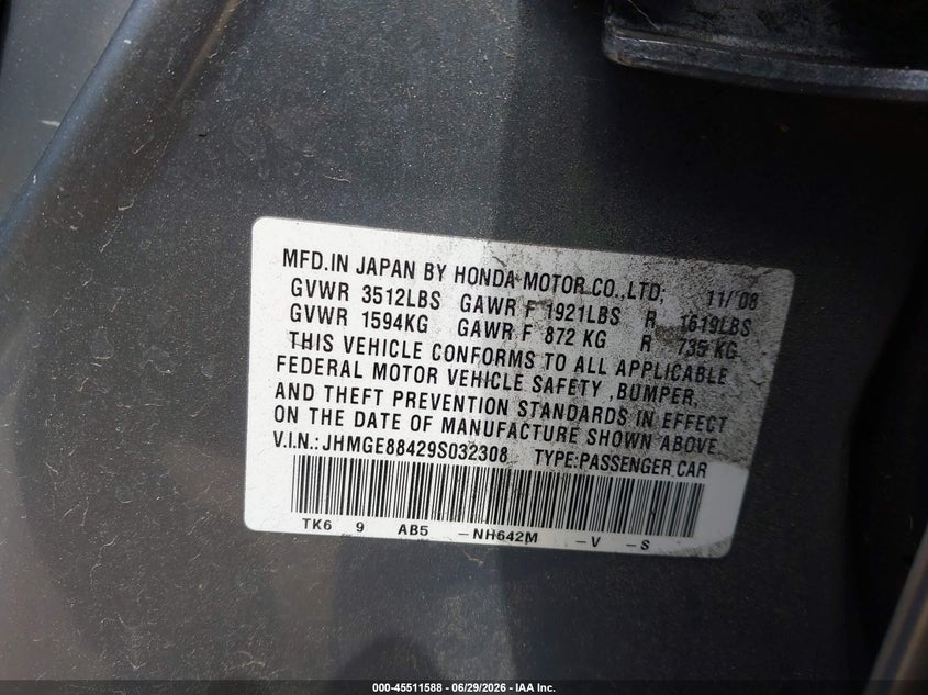 2009 Honda Fit VIN JHMGE88429S032308 IAAI salvage auction — NORMAL WEAR, Clear - Dealer Only (California), sold $1,625 on 2026-07-06 (photo 9)