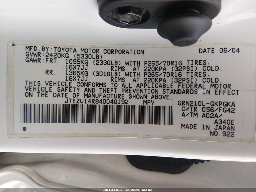 2004 Toyota 4runner VIN JTEZU14R840040192 IAAI salvage auction — ROOF, Salvage (California), sold $2,150 on 2026-07-21 (photo 9)