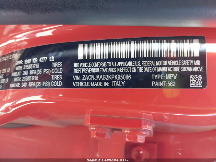 2019 Jeep Renegade VIN ZACNJAAB2KPK95086 IAAI salvage auction — RIGHT FRONT, Salvage (Arizona), sold $1,350 on 2026-07-23 (photo 9)