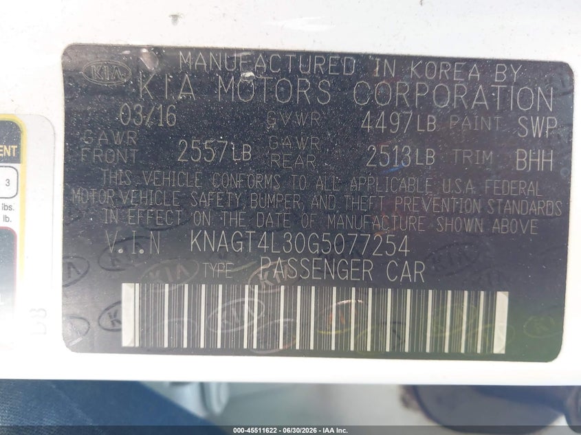 2016 Kia Optima VIN KNAGT4L30G5077254 IAAI salvage auction — NORMAL WEAR, Clear (California), sold $1,675 on 2026-07-23 (photo 9)