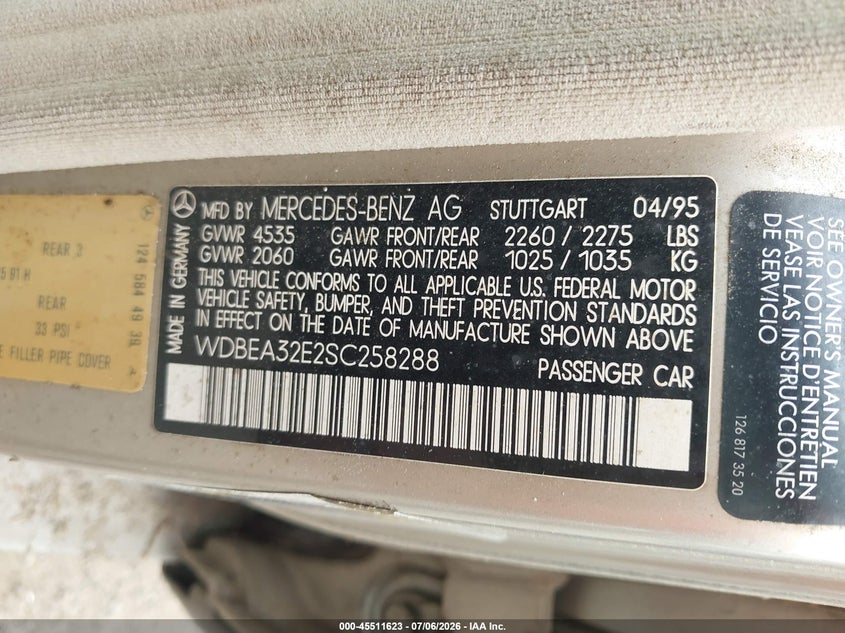 1995 Mercedes-benz E-class VIN WDBEA32E2SC258288 IAAI salvage auction — NORMAL WEAR, Clear (Florida), sold $425 on 2026-07-29 (photo 9)
