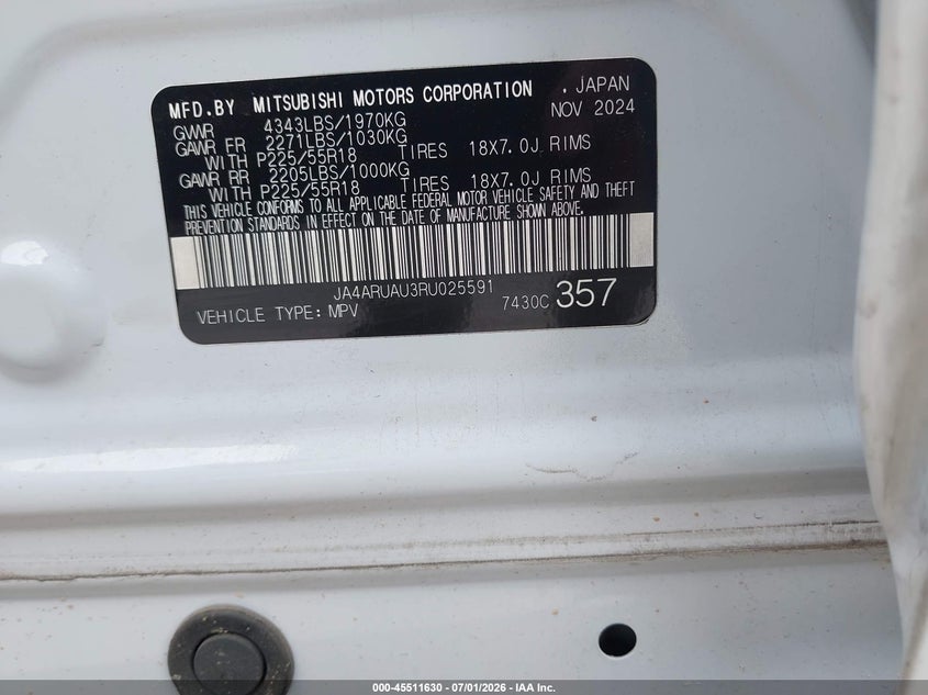 2024 Mitsubishi Outlander VIN JA4ARUAU3RU025591 IAAI salvage auction — ROLLOVER, Certificate Of Destruction (Florida), sold $3,600 on 2026-07-07 (photo 9)