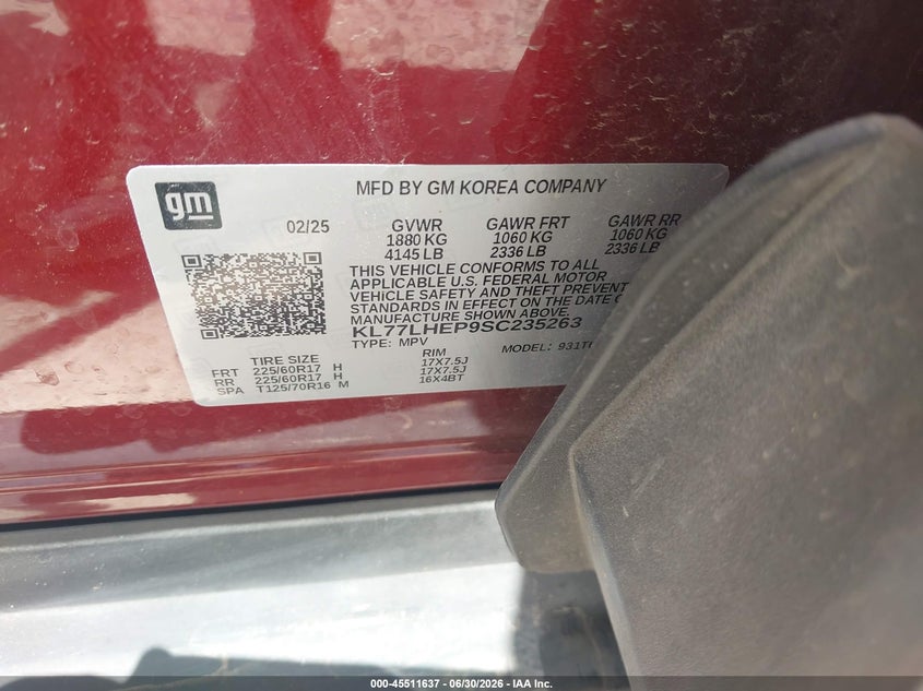 2025 Chevrolet Trax VIN KL77LHEP9SC235263 IAAI salvage auction — ROLLOVER, Certificate Of Destruction (Florida), sold $1,900 on 2026-07-07 (photo 9)