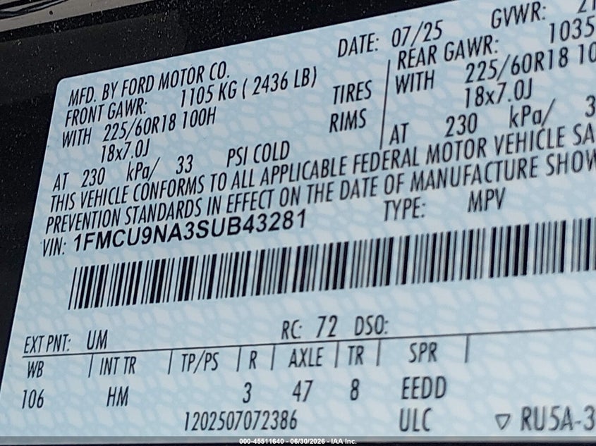 2025 Ford Escape VIN 1FMCU9NA3SUB43281 IAAI salvage auction — FRONT END, Enterprise Vehicles Clear Only (Tennessee), sold $10,200 on 2026-07-28 (photo 9)
