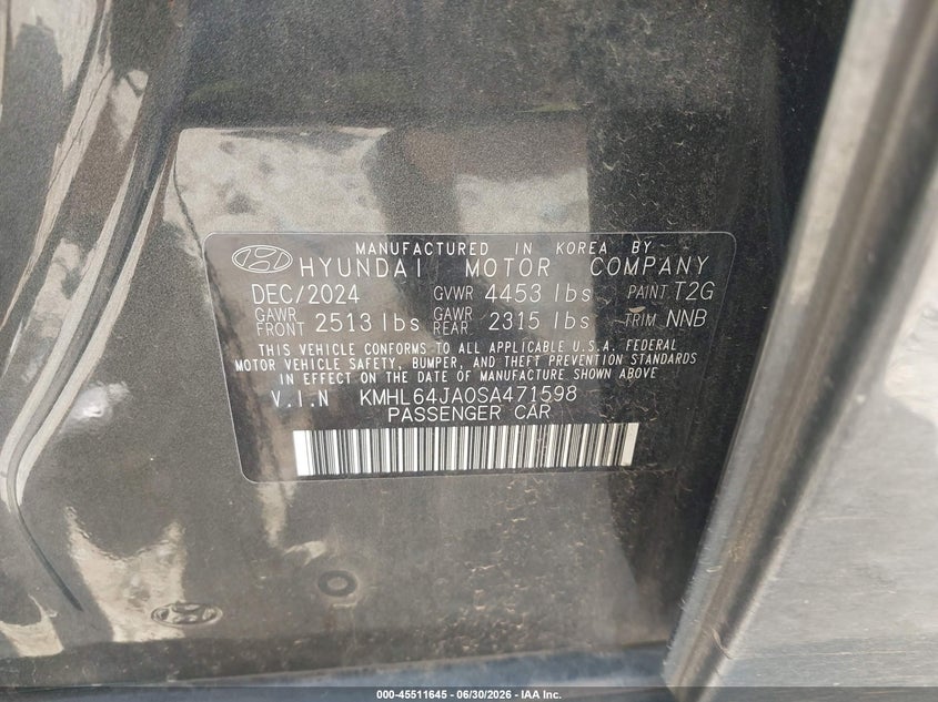2025 Hyundai Sonata VIN KMHL64JA0SA471598 IAAI salvage auction — FRONT END, Enterprise Vehicles Clear Only (Louisiana), sold $16,300 on 2026-07-07 (photo 9)