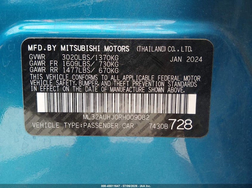 2024 Mitsubishi Mirage VIN ML32AUHJ0RH009082 IAAI salvage auction — REAR END, Salvage Title, sold $5,700 on 2026-07-09 (photo 9)
