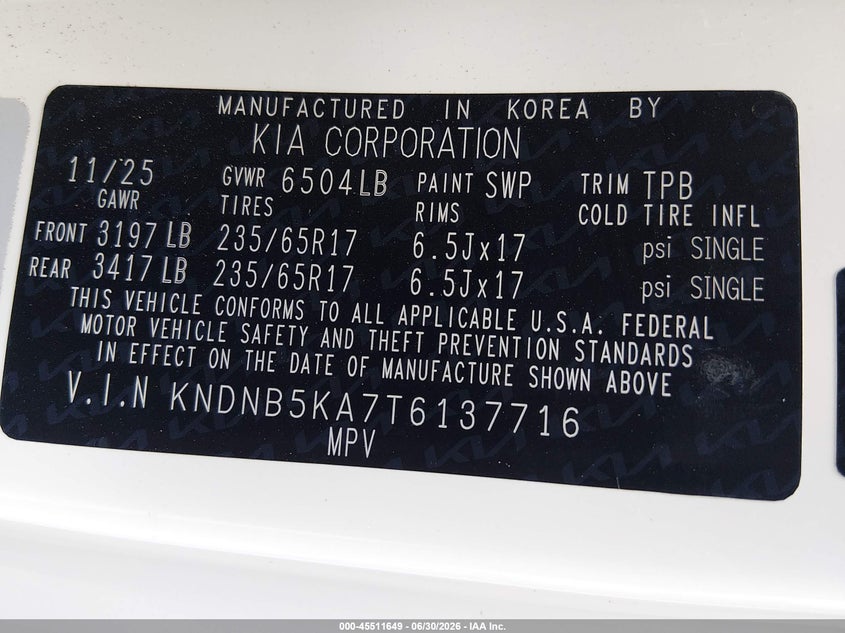 2026 Kia VIN KNDNB5KA7T6137716 IAAI salvage auction — LEFT REAR, Enterprise Vehicles Clear Only (Louisiana), sold $25,750 on 2026-07-07 (photo 9)