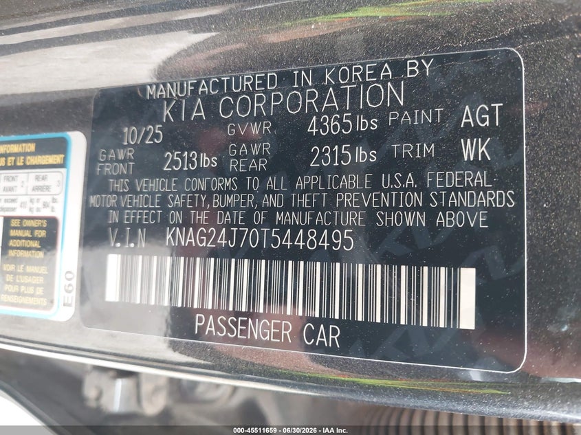 2026 Kia K5 VIN KNAG24J70T5448495 IAAI salvage auction — HAIL, Enterprise Vehicles Clear Only (Texas), sold $18,850 on 2026-07-07 (photo 9)