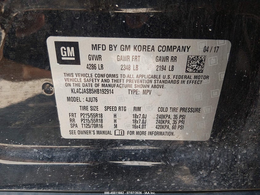 2017 Buick Encore VIN KL4CJASB5HB192914 IAAI salvage auction — LEFT FRONT, Salvage (Mississippi), sold $825 on 2026-07-30 (photo 9)