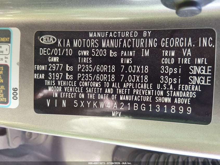 2011 Kia Sorento VIN 5XYKW4A21BG131899 IAAI salvage auction — NORMAL WEAR, Clear-Dealer Only (Arizona), sold $525 on 2026-07-28 (photo 9)