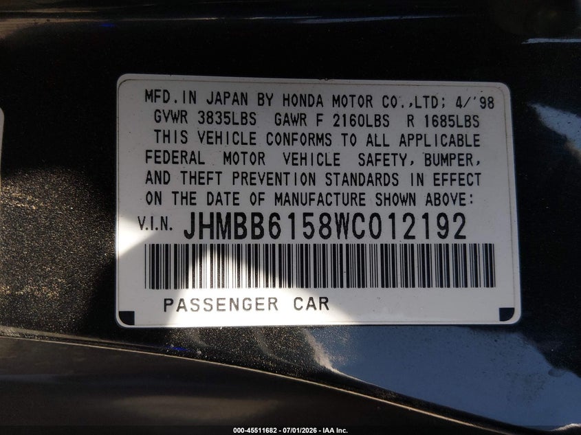 1998 Honda Prelude VIN JHMBB6158WC012192 IAAI salvage auction — SIDE, Non-Repairable (California), sold $550 on 2026-07-29 (photo 9)