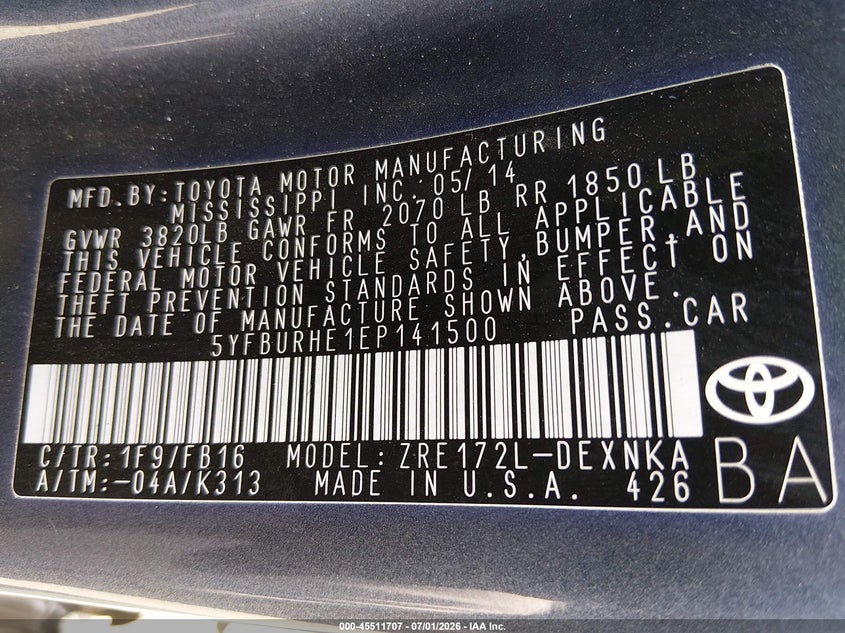 2014 Toyota Corolla VIN 5YFBURHE1EP141500 IAAI salvage auction — NORMAL WEAR, Clear - Dealer Only (California), sold $2,150 on 2026-07-16 (photo 9)