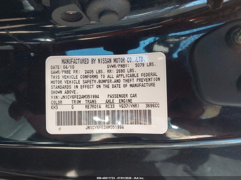 2010 Infiniti G37 VIN JN1CV6FE2AM351994 IAAI salvage auction — NORMAL WEAR, Restored (Arizona), sold $2,650 on 2026-07-28 (photo 9)