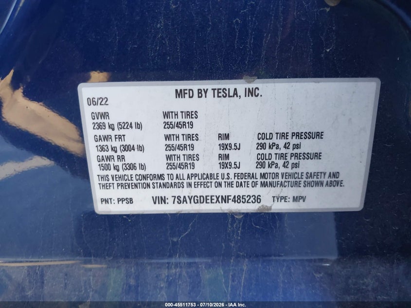 2022 Tesla Model y VIN 7SAYGDEEXNF485236 IAAI salvage auction — FRONT END, Salvage Title, sold $8,300 on 2026-07-30 (photo 9)