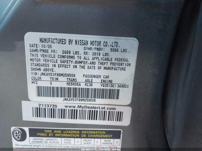 2006 Infiniti M35 VIN JNKAY01F96M259506 IAAI salvage auction — NORMAL WEAR, Bill Of Sale (Arizona), sold $25 on 2026-07-28 (photo 9)