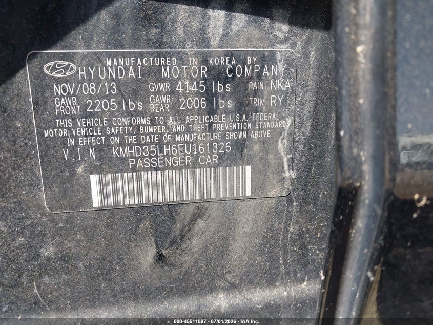 2014 Hyundai Elantra VIN KMHD35LH6EU161326 IAAI salvage auction — NORMAL WEAR, Original (Ohio), sold $1,400 on 2026-07-23 (photo 9)