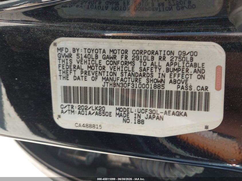 2001 Lexus Ls 430 VIN JTHBN30F310001885 IAAI salvage auction — NORMAL WEAR, Original (Texas), sold $700 on 2026-07-15 (photo 9)