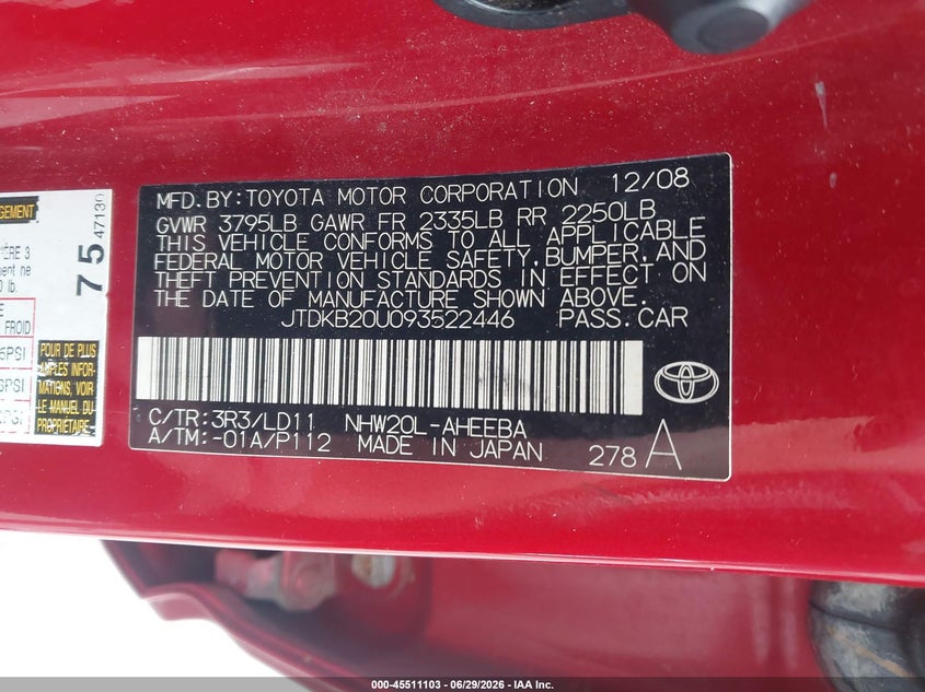 2009 Toyota Prius VIN JTDKB20U093522446 IAAI salvage auction — NORMAL WEAR, Clear (Virginia), sold $650 on 2026-07-29 (photo 9)