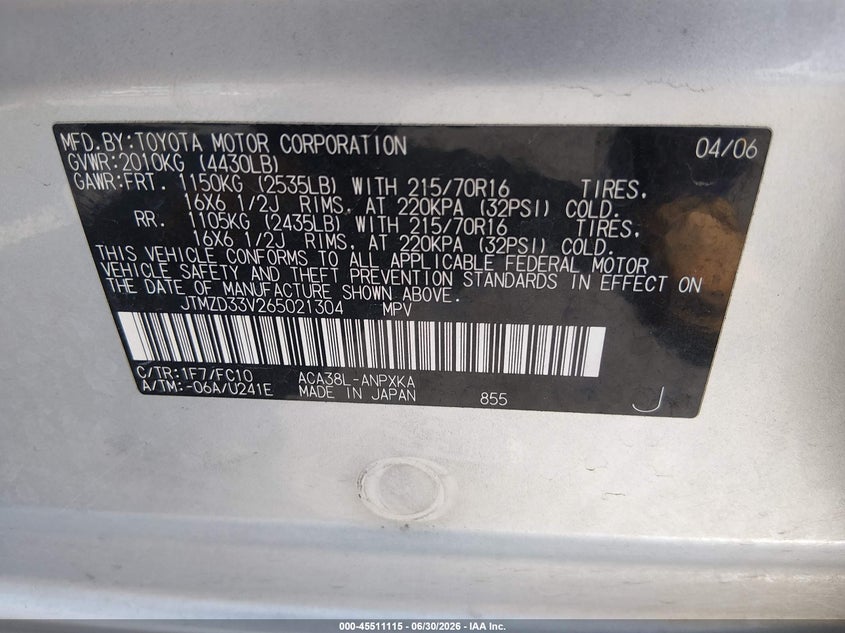 2006 Toyota Rav4 VIN JTMZD33V265021304 IAAI salvage auction — LEFT FRONT, Salvage (California), sold $825 on 2026-07-18 (photo 9)