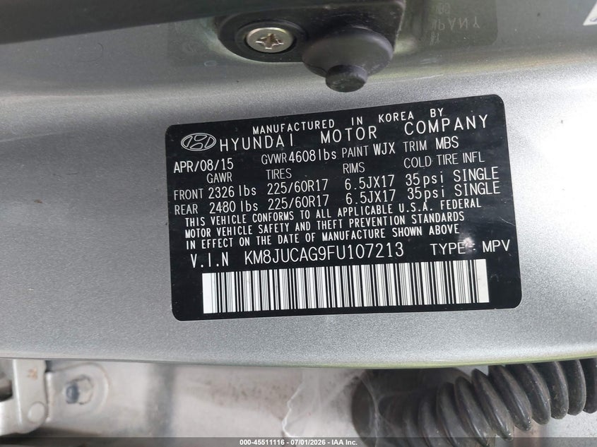 2015 Hyundai Tucson VIN KM8JUCAG9FU107213 IAAI salvage auction — NORMAL WEAR, Clear (Washington), sold $675 on 2026-07-29 (photo 9)