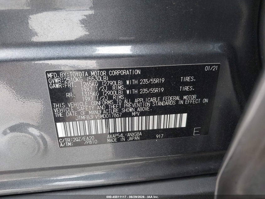 2021 Toyota Rav 4 VIN JTMFB3FV5MD017867 IAAI salvage auction — FRONT END, Salvage Title, sold $12,100 on 2026-07-22 (photo 9)