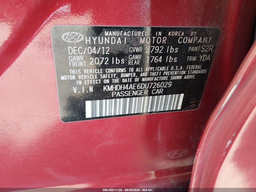 2013 Hyundai Elantra VIN KMHDH4AE6DU726029 IAAI salvage auction — NORMAL WEAR, Restored (Arizona), sold $200 on 2026-07-28 (photo 9)