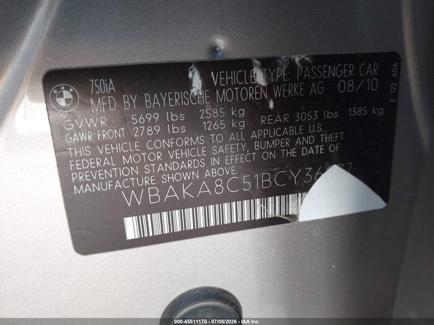 2011 BMW 7 series VIN WBAKA8C51BCY36877 IAAI salvage auction — NORMAL WEAR, Original (Texas), sold $1,325 on 2026-07-28 (photo 9)