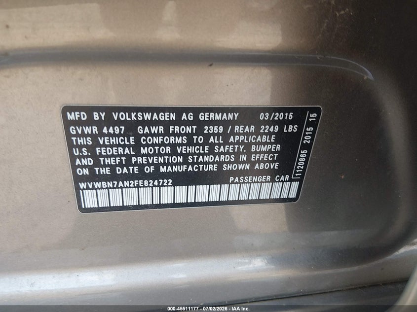 2015 Volkswagen Passat cc VIN WVWBN7AN2FE824722 IAAI salvage auction — ENGINE BURN, Salvage Title, sold $225 on 2026-08-12 (photo 9)