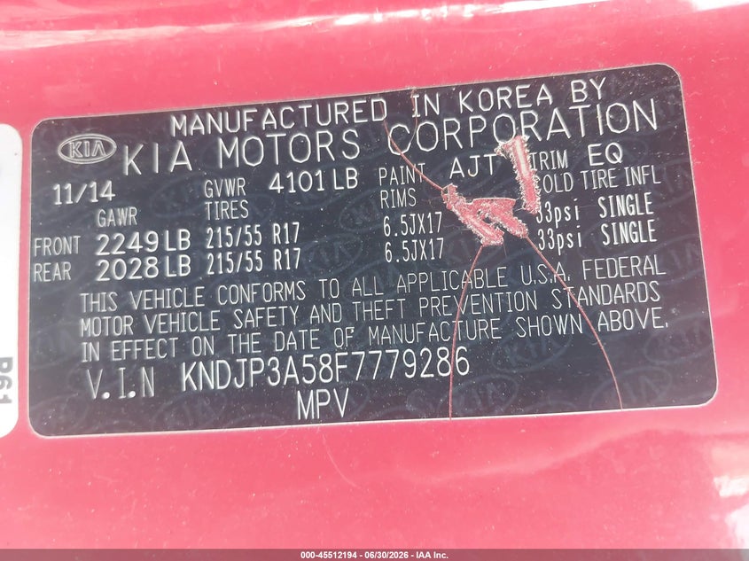 2015 Kia Soul VIN KNDJP3A58F7779286 IAAI salvage auction — NORMAL WEAR, Clear (Georgia), sold $725 on 2026-07-17 (photo 9)