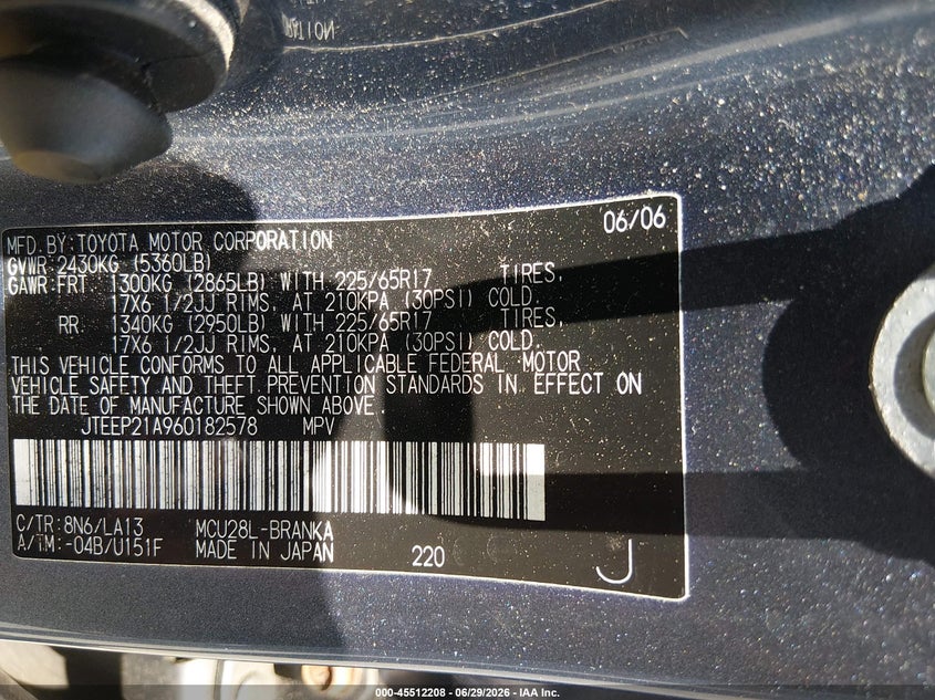 2006 Toyota Highlander VIN JTEEP21A960182578 IAAI salvage auction — NORMAL WEAR, Clear (Maryland), sold $875 on 2026-07-06 (photo 9)