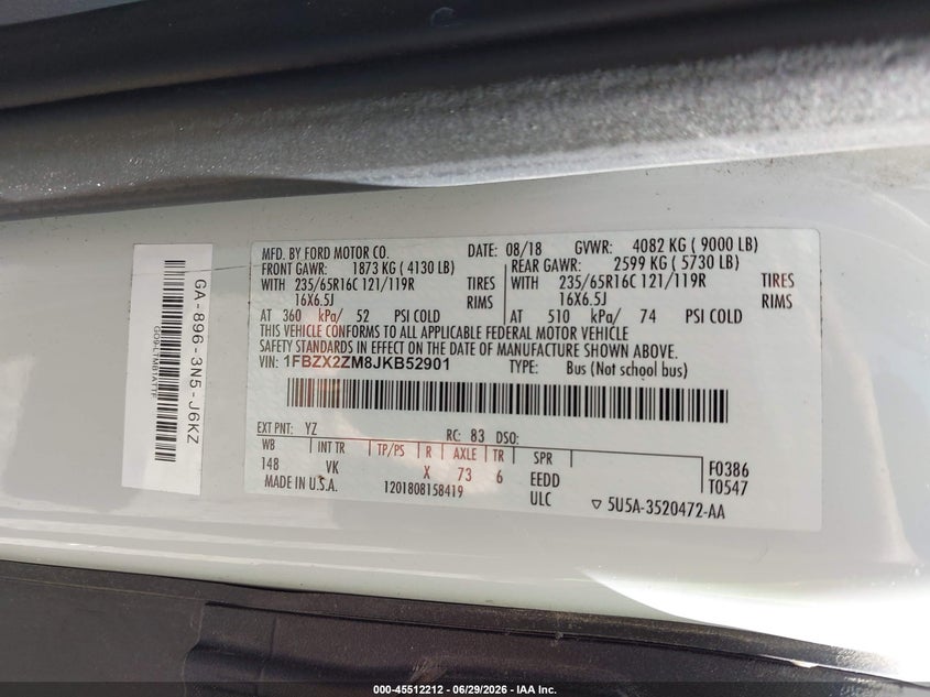 2018 Ford Transit-350 VIN 1FBZX2ZM8JKB52901 IAAI salvage auction — NORMAL WEAR, SF97 (Virginia), sold $22,200 on 2026-07-22 (photo 9)