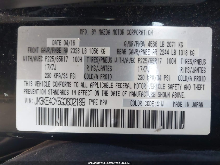 2016 Mazda Cx-5 VIN JM3KE4CY5G0802189 IAAI salvage auction — REAR END, Salvage Title, sold $125 on 2026-07-22 (photo 9)