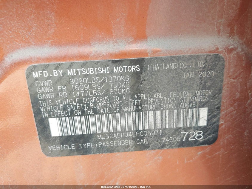 2020 Mitsubishi Mirage VIN ML32A5HJ4LH005971 IAAI salvage auction — FRONT END, Mv-907A (New York), sold $1,400 on 2026-07-23 (photo 9)