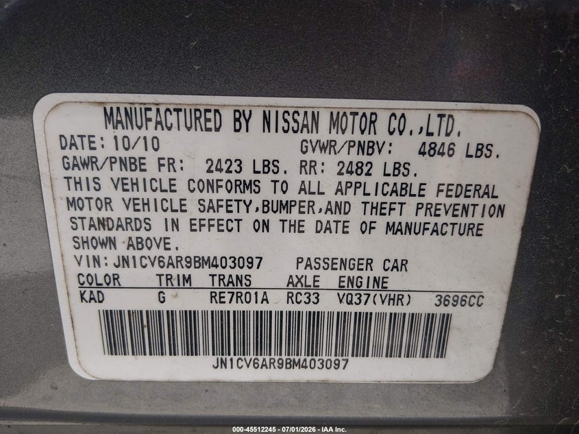 2011 Infiniti G37 VIN JN1CV6AR9BM403097 IAAI salvage auction — LEFT SIDE, Salvage (Ohio), sold $500 on 2026-07-21 (photo 9)