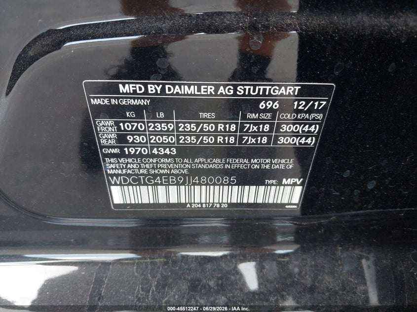 2018 Mercedes-benz Gla-klasse VIN WDCTG4EB9JJ480085 IAAI salvage auction — FRONT END, Salvage Title, sold $5,150 on 2026-08-03 (photo 9)