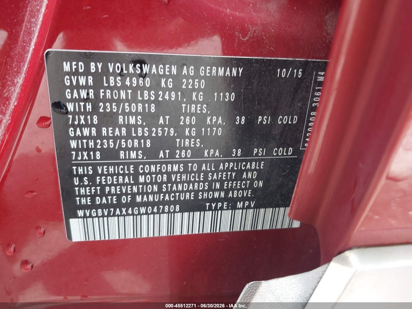 2016 Volkswagen Tiguan VIN WVGBV7AX4GW047808 IAAI salvage auction — FRONT END, Salvage Title, sold $2,200 on 2026-07-31 (photo 9)