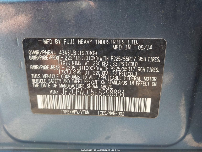 2014 Subaru Xv VIN JF2GPACC5E8298884 IAAI salvage auction — NORMAL WEAR, Salvage Title, sold $1,100 on 2026-07-28 (photo 9)