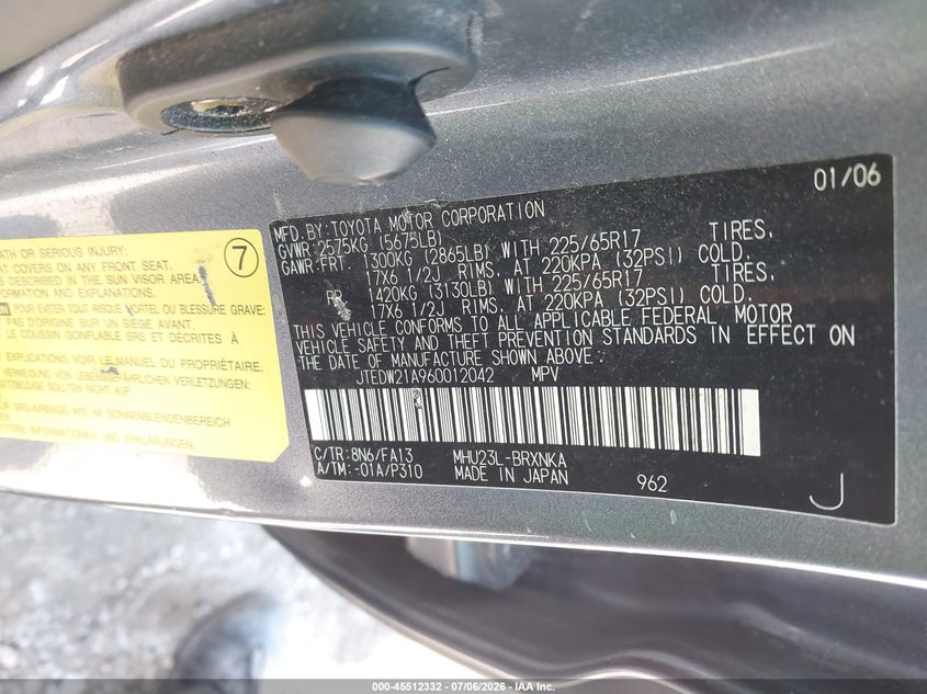 2006 Toyota Highlander hybrid VIN JTEDW21A960012042 IAAI salvage auction — NORMAL WEAR, Clear (Illinois), sold $400 on 2026-07-21 (photo 9)