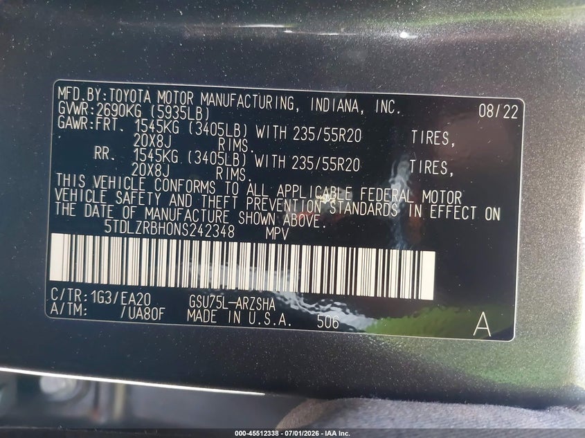 2022 Toyota Highlander VIN 5TDLZRBH0NS242348 IAAI salvage auction — FRONT END, Salvage (Idaho), sold $13,000 on 2026-07-22 (photo 9)