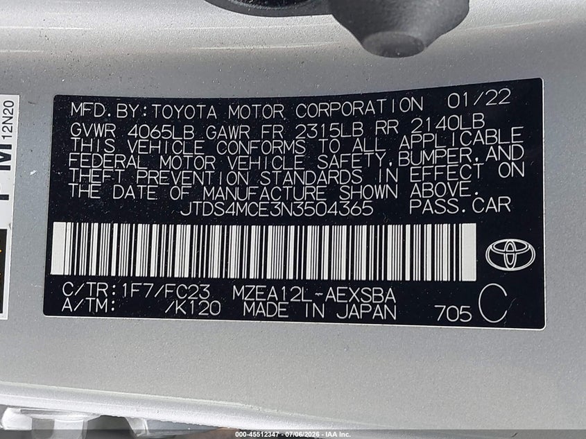 2022 Toyota Corolla VIN JTDS4MCE3N3504365 IAAI salvage auction — FRONT END, Rebuildable (Florida), sold $3,150 on 2026-07-29 (photo 9)