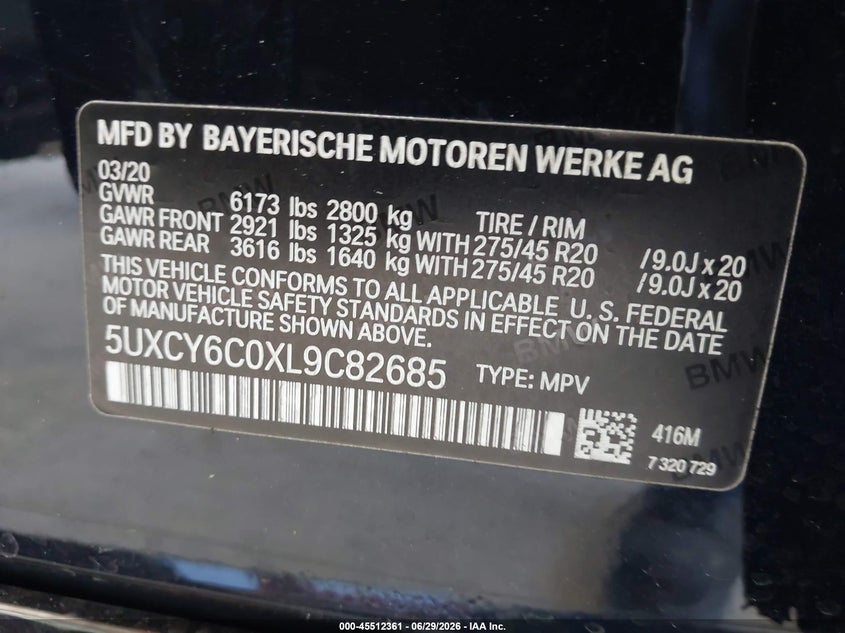 2020 BMW X6 VIN 5UXCY6C0XL9C82685 IAAI salvage auction — LEFT REAR, Salvage Title, sold $26,250 on 2026-07-16 (photo 9)