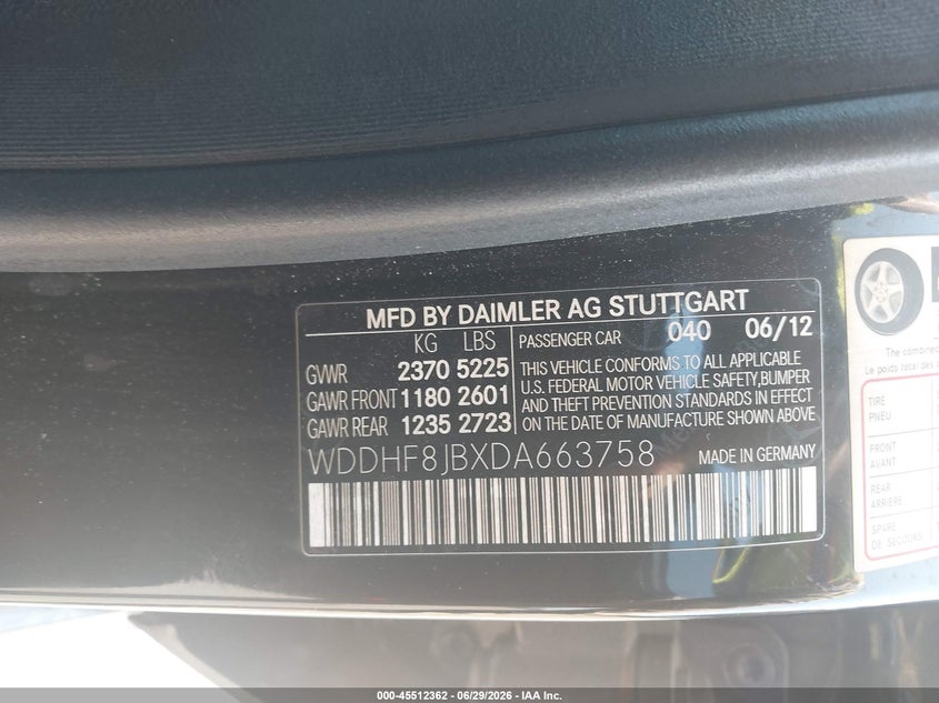 2013 Mercedes-benz E-klasse VIN WDDHF8JBXDA663758 IAAI salvage auction — NORMAL WEAR, Clear (Massachusetts), sold $1,375 on 2026-07-21 (photo 9)