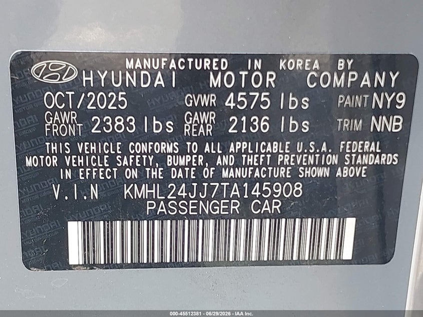 2026 Hyundai Sonata VIN KMHL24JJ7TA145908 IAAI salvage auction — FRONT END, Certificate Of Destruction (Florida), sold $5,400 on 2026-07-16 (photo 9)