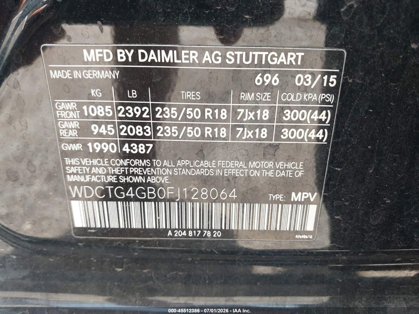 2015 Mercedes-benz Gla-klasse VIN WDCTG4GB0FJ128064 IAAI salvage auction — SIDE, Salvage Title, sold $2,350 on 2026-08-12 (photo 9)